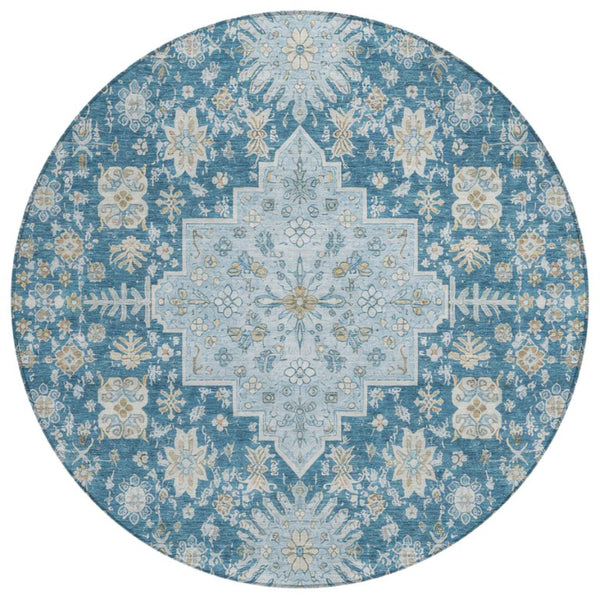 HomeRoots 8 Ft Round Oriental Polyester Area Rug Teal Silver Washable for Patio or Family Room 742261