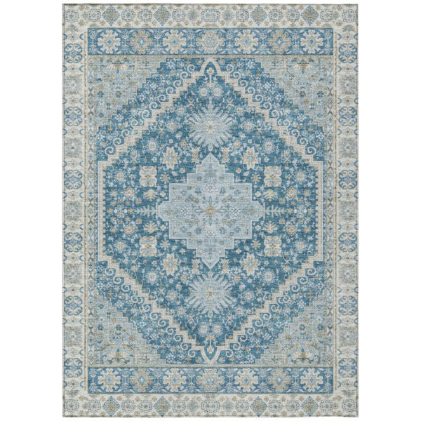HomeRoots 8x10 Teal Silver Oriental Polyester Area Rug Washable Stain Resistant Indoor Outdoor 742262