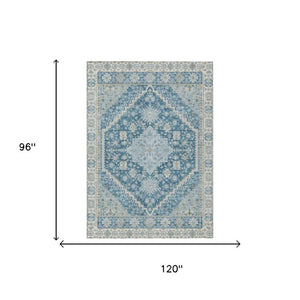8x10 Teal Silver Oriental Polyester Area Rug Washable Stain Resistant Indoor Outdoor
