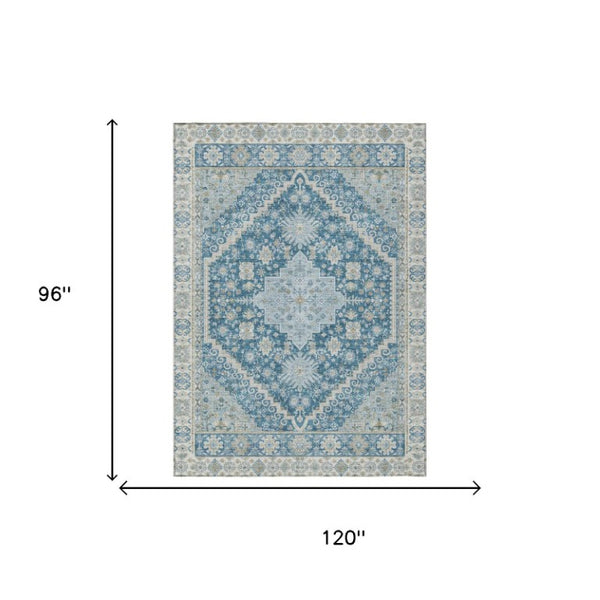8x10 Teal Silver Oriental Polyester Area Rug Washable Stain Resistant Indoor Outdoor