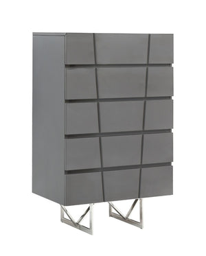 VIG Furniture Chrysler Modern Grey Chest With High-Gloss Finish, 5 Smooth Drawers & Polished Steel Legs, 30X19x48" VGVCJ8978-5H-GRY