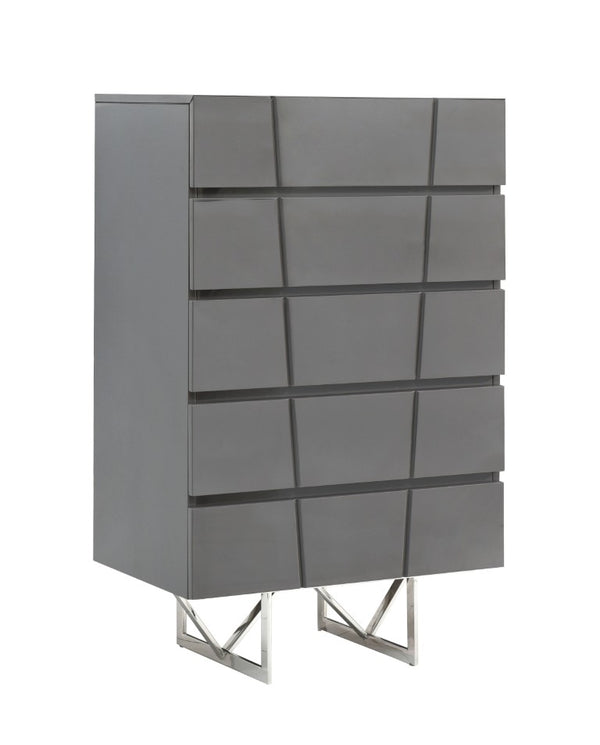 VIG Furniture Chrysler Modern Grey Chest With High-Gloss Finish, 5 Smooth Drawers & Polished Steel Legs, 30X19x48" VGVCJ8978-5H-GRY