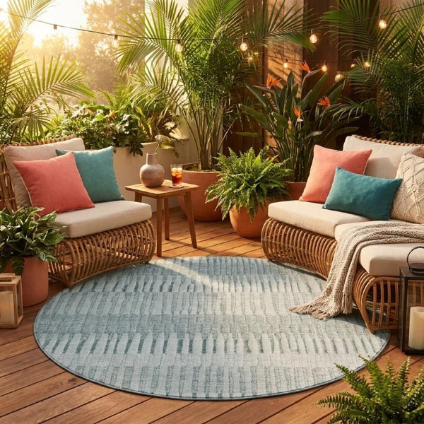 8 Foot Round Striped Polyester Area Rug Washable Aqua Teal for Patio or Kitchen