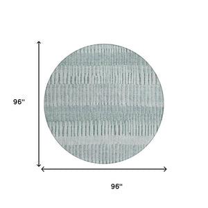 8 Foot Round Striped Polyester Area Rug Washable Aqua Teal for Patio or Kitchen