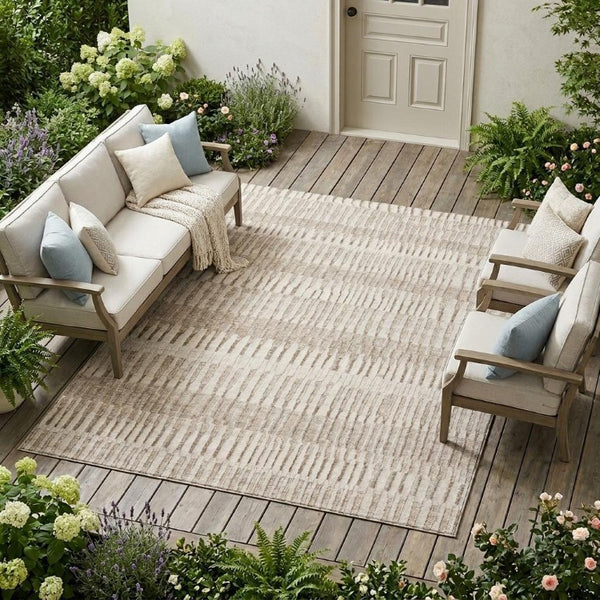 8 X 10 Beige Brown Stripe Polyester Area Rug Washable for Patio Porch or Living Room