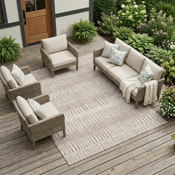 9 X 12 Striped Beige Brown Polyester Area Rug Washable for Patio or Living Room