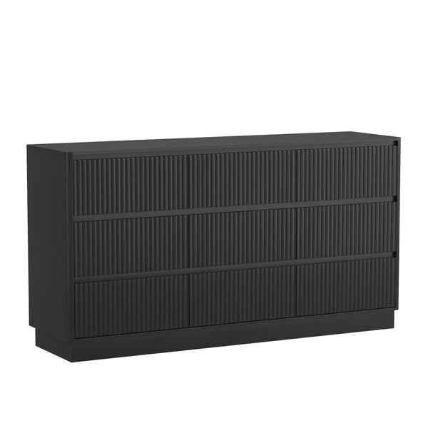 English Elm 9 Drawer Mid Century Wood Dresser Low Profile Matte Finish Bedroom Storage Cabinet Black W409S00011