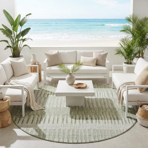 8 Foot Round Sage Striped Polyester Area Rug Washable for Indoor Outdoor Spaces