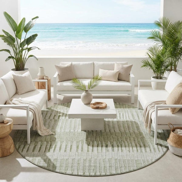 8 Foot Round Sage Striped Polyester Area Rug Washable for Indoor Outdoor Spaces