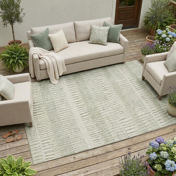 8 X 10 Sage Green Striped Polyester Area Rug Washable Stain Resistant Indoor Outdoor