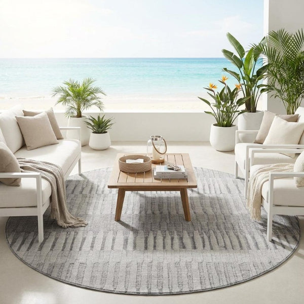 8 Foot Round Striped Polyester Area Rug Washable Indoor Outdoor Patio Silver Gray