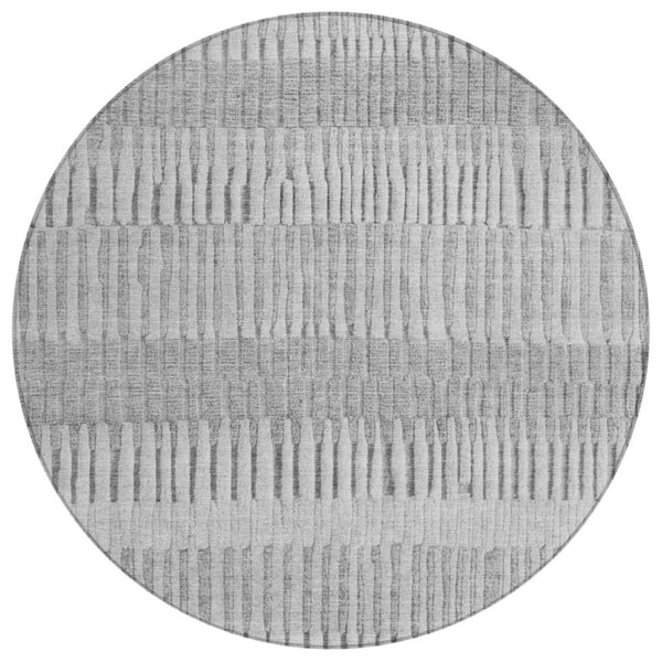 HomeRoots 8 Foot Round Striped Polyester Area Rug Washable Indoor Outdoor Patio Silver Gray 742309