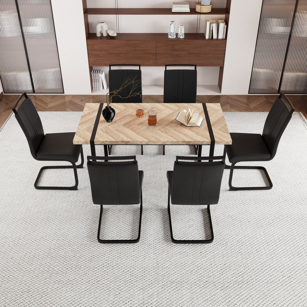 English Elm 59" Rustic Industrial Dining Table Set With Pu Chairs – 6-Piece Farmhouse Style Kitchen Furniture W2189S00220