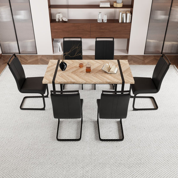 English Elm 59" Rustic Industrial Dining Table Set With Pu Chairs – 6-Piece Farmhouse Style Kitchen Furniture W2189S00220