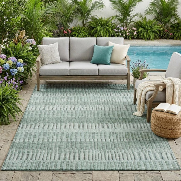 5 X 8 Teal Silver Stripe Polyester Area Rug Washable Stain Resistant Indoor Outdoor