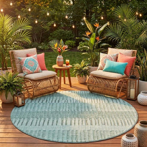 8 Ft Round Striped Teal Silver Washable Polyester Rug for Patio Porch or Family Room
