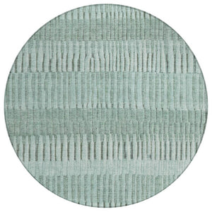 HomeRoots 8 Ft Round Striped Teal Silver Washable Polyester Rug for Patio Porch or Family Room 742315