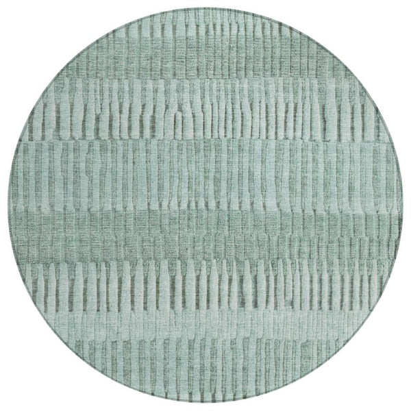 HomeRoots 8 Ft Round Striped Teal Silver Washable Polyester Rug for Patio Porch or Family Room 742315