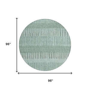 8 Ft Round Striped Teal Silver Washable Polyester Rug for Patio Porch or Family Room