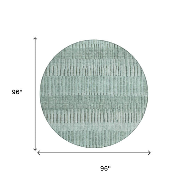 8 Ft Round Striped Teal Silver Washable Polyester Rug for Patio Porch or Family Room