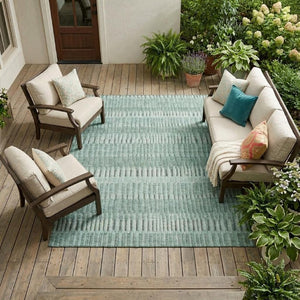 8 X 10 Teal Silver Stripe Washable Polyester Rug for Indoor Outdoor Living Spaces