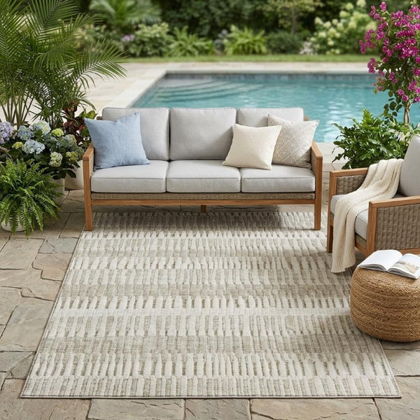 5x8 Taupe Brown Stripe Polyester Indoor Outdoor Rug Stain Resistant Easy Care