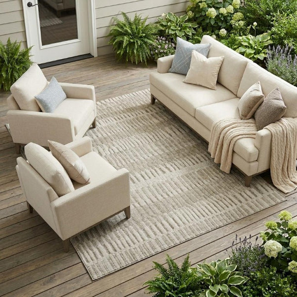 9 X 12 Taupe Brown Stripe Polyester Area Rug Stain Resistant Indoor Outdoor Use
