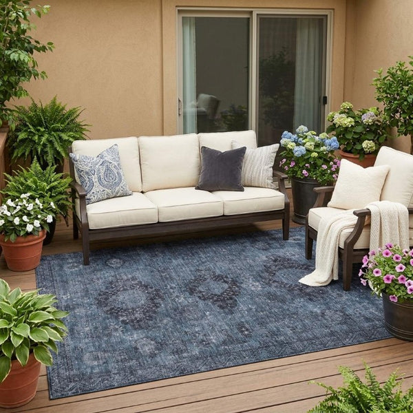 5x8 Denim Blue Oriental Polyester Area Rug Stain Resistant Indoor Outdoor Use