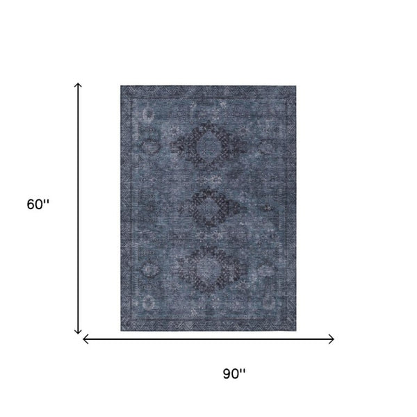 5x8 Denim Blue Oriental Polyester Area Rug Stain Resistant Indoor Outdoor Use