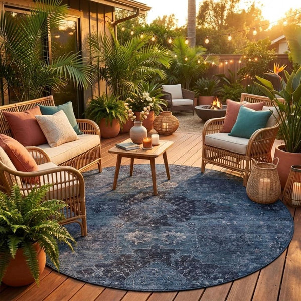 8 Foot Round Oriental Polyester Area Rug Washable Indoor Outdoor Geometric Design