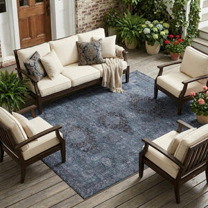 8 Ft X 10 Ft Denim Blue Oriental Polyester Rug Stain Resistant Indoor Outdoor