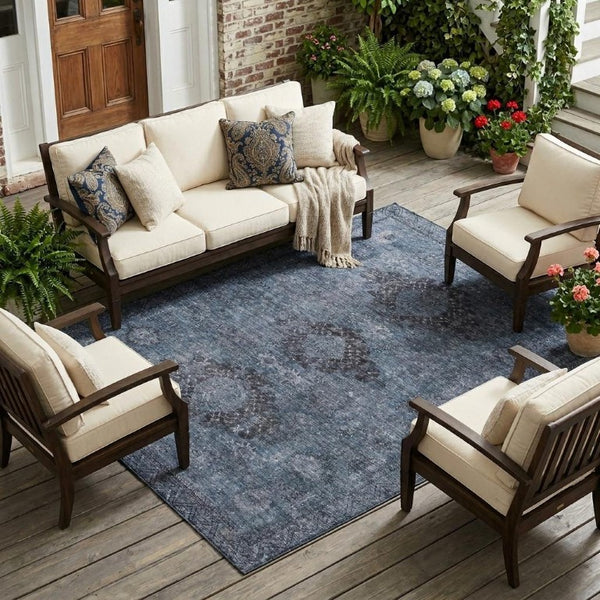 8 Ft X 10 Ft Denim Blue Oriental Polyester Rug Stain Resistant Indoor Outdoor