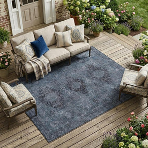 9 X 12 Denim Blue Oriental Polyester Area Rug Washable for Indoor Outdoor Use