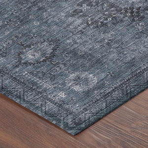 9 X 12 Denim Blue Oriental Polyester Area Rug Washable for Indoor Outdoor Use