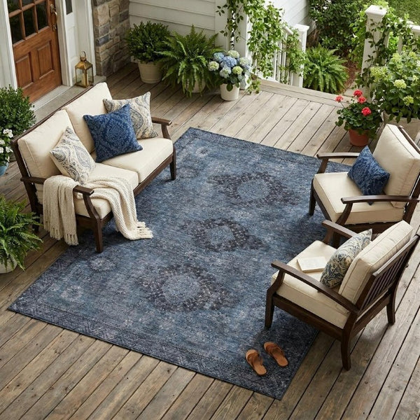 10 X 14 Oriental Denim Blue Washable Polyester Rug for Indoor Outdoor Living