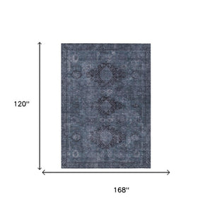 10 X 14 Oriental Denim Blue Washable Polyester Rug for Indoor Outdoor Living
