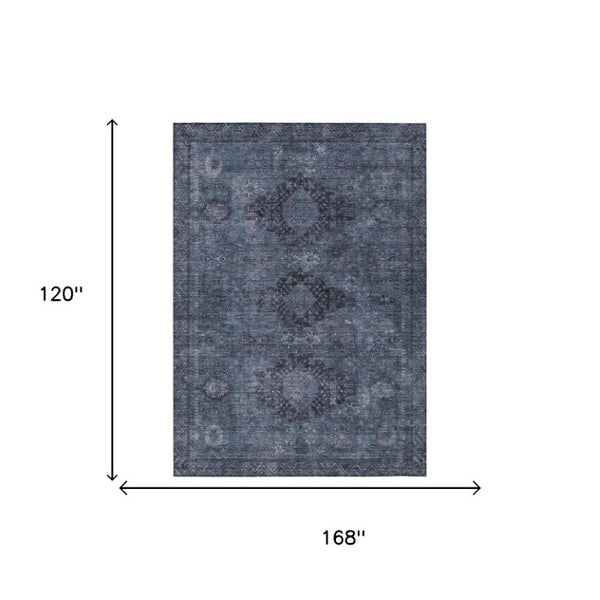 10 X 14 Oriental Denim Blue Washable Polyester Rug for Indoor Outdoor Living