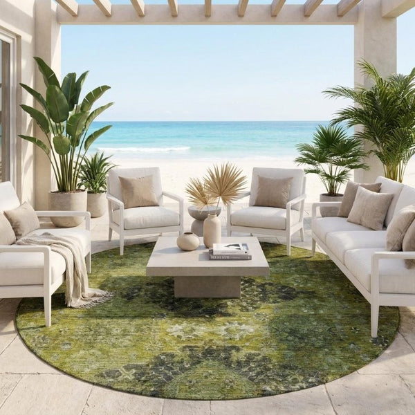 8 Foot Round Oriental Polyester Area Rug for Patio Family Room or Mudroom Use