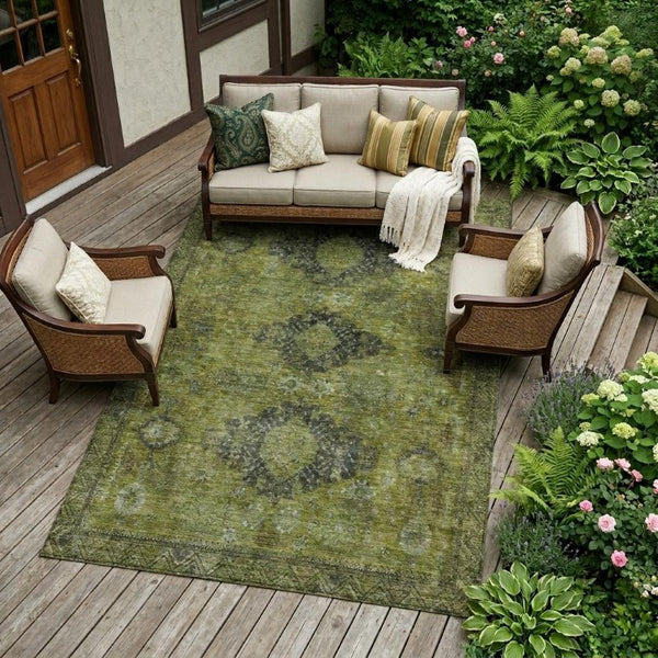 9 X 12 Olive Green Oriental Polyester Area Rug Stain Resistant Indoor Outdoor Use