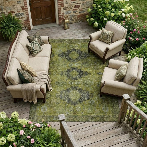 10 X 14 Oriental Polyester Area Rug Washable Stain Resistant Indoor Outdoor Olive
