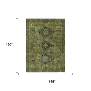 10 X 14 Oriental Polyester Area Rug Washable Stain Resistant Indoor Outdoor Olive