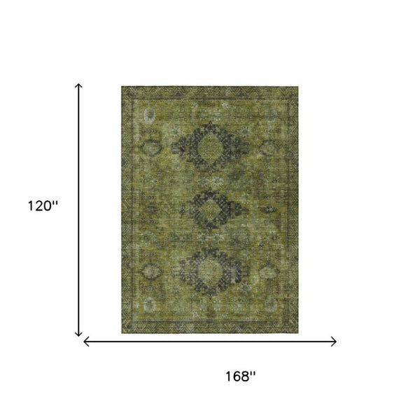 10 X 14 Oriental Polyester Area Rug Washable Stain Resistant Indoor Outdoor Olive