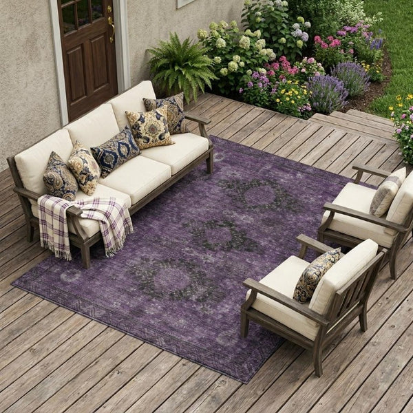 10 X 14 Oriental Plum Purple Washable Polyester Rug for Indoor Outdoor Spaces