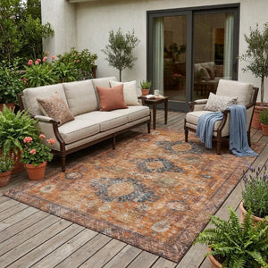 5 X 8 Rust Orange Oriental Polyester Area Rug Washable for Indoor Outdoor Use