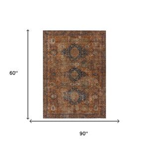 5 X 8 Rust Orange Oriental Polyester Area Rug Washable for Indoor Outdoor Use