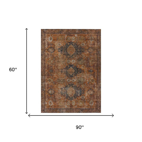 5 X 8 Rust Orange Oriental Polyester Area Rug Washable for Indoor Outdoor Use