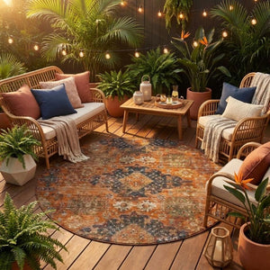 8 Foot Round Oriental Polyester Area Rug Washable Indoor Outdoor Rust Pattern