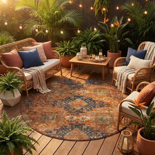 8 Foot Round Oriental Polyester Area Rug Washable Indoor Outdoor Rust Pattern