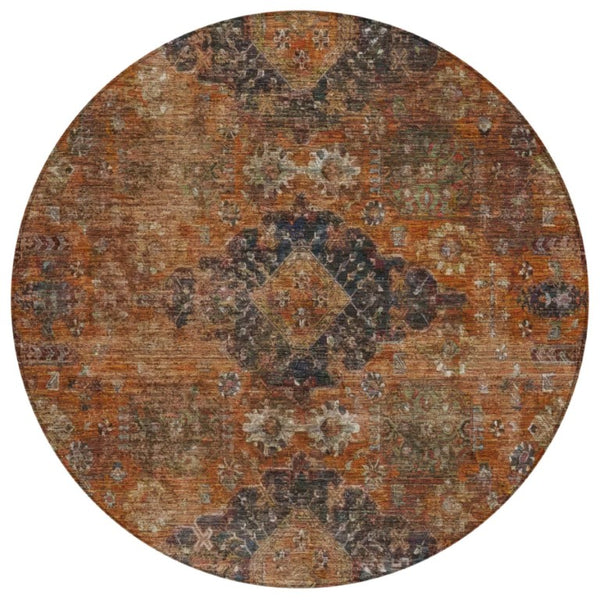 HomeRoots 8 Foot Round Oriental Polyester Area Rug Washable Indoor Outdoor Rust Pattern 742357