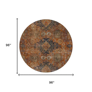 8 Foot Round Oriental Polyester Area Rug Washable Indoor Outdoor Rust Pattern